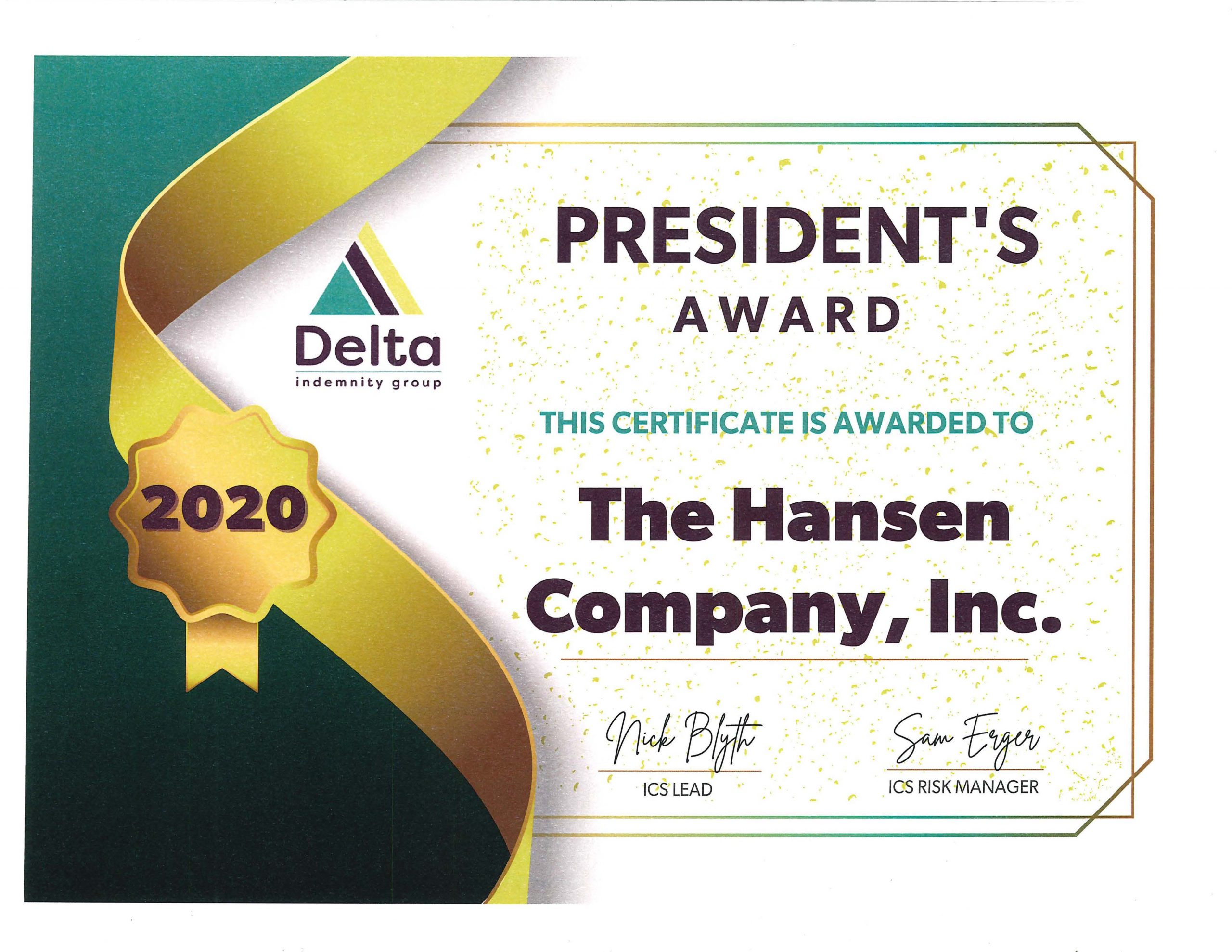 Delta Indemnity Group 2020 Presidents Award Hansen Company